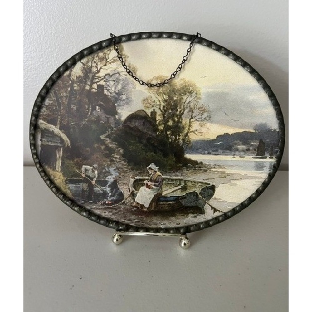 Vintage German Oval Wall Print‎ Scalloped Metal Frame Coastal Village Scene 8x6